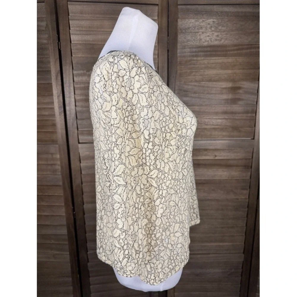 Ann Taylor LOFT Petites Floral Lace Blouse Cream Black 3/4 Sleeve SP Button Back
